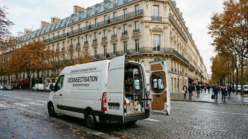 Camionnette blanche d'entreprise de désinsectisation garée devant un immeuble haussmannien parisien en fin de matinée d'automne avec matériel professionnel visible à l'arrière ouverte, ambiance sobre lumière naturelle documentaire aucun humain ni insecte visible plan large