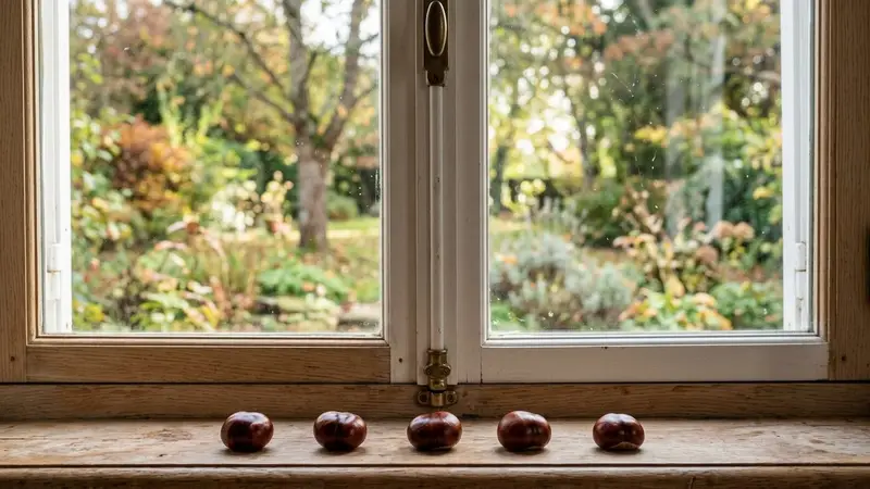 Rebord de fenêtre française contemporaine en bois clair avec cinq marrons d'Inde brun brillant disposés en ligne le long du montant en fin de matinée d'automne, ambiance sobre lumière naturelle documentaire aucun humain ni animal visible plan macro rapproché