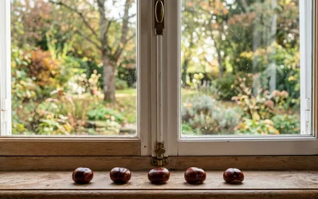 Rebord de fenêtre française contemporaine en bois clair avec cinq marrons d'Inde brun brillant disposés en ligne le long du montant en fin de matinée d'automne, ambiance sobre lumière naturelle documentaire aucun humain ni animal visible plan macro rapproché
