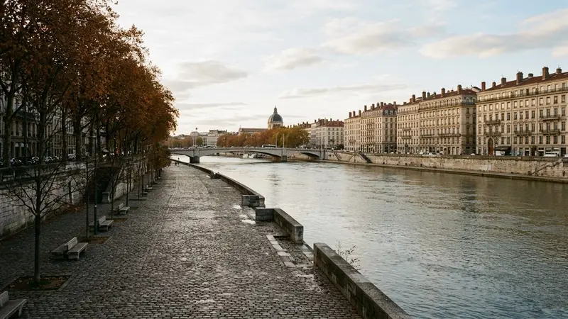 Vue générale des quais du Rhône à Lyon en fin d'après-midi d'automne avec berges pavées vides et immeubles haussmanniens lyonnais alignés sur la rive, ambiance sobre lumière naturelle documentaire aucun humain ni animal visible plan large horizontal