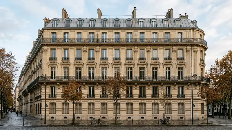 Façade d'immeuble haussmannien parisien en pierre de taille beige avec balcons en fer forgé et fenêtres françaises hautes en début de matinée d'automne, ambiance sobre lumière naturelle documentaire aucun humain ni insecte visible plan large sur les 6 étages