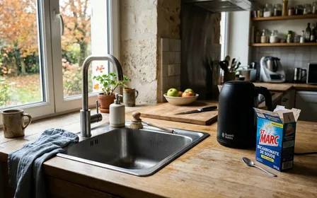 Évier de cuisine française contemporaine en inox brossé avec bouilloire noire posée à côté et paquet de bicarbonate ouvert sur le plan de travail en début de matinée d'automne, ambiance sobre lumière naturelle documentaire aucun humain ni insecte visible plan macro rapproché