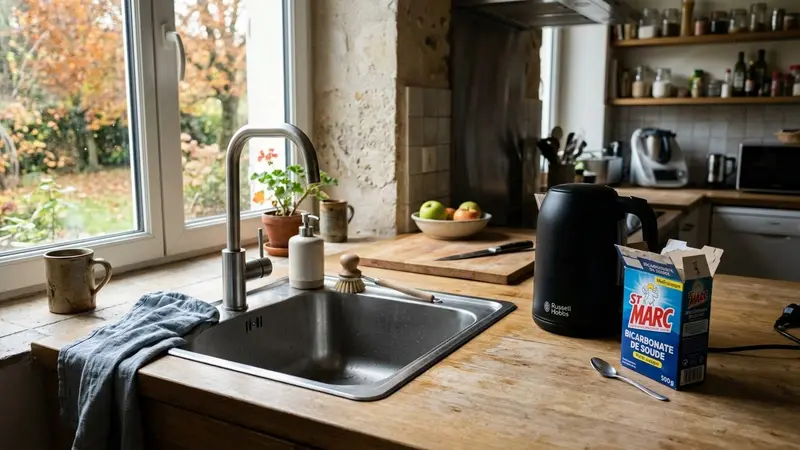 Évier de cuisine française contemporaine en inox brossé avec bouilloire noire posée à côté et paquet de bicarbonate ouvert sur le plan de travail en début de matinée d'automne, ambiance sobre lumière naturelle documentaire aucun humain ni insecte visible plan macro rapproché