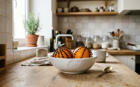 Cuisine française contemporaine en carrelage clair avec deux oranges orange vif piquées de clous de girofle brun disposées dans un bol en céramique blanche sur un plan de travail en bois clair en fin de matinée d'automne, ambiance sobre lumière naturelle documentaire aucun humain ni insecte visible plan macro rapproché