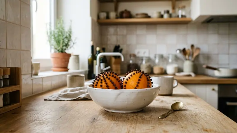 Cuisine française contemporaine en carrelage clair avec deux oranges orange vif piquées de clous de girofle brun disposées dans un bol en céramique blanche sur un plan de travail en bois clair en fin de matinée d'automne, ambiance sobre lumière naturelle documentaire aucun humain ni insecte visible plan macro rapproché