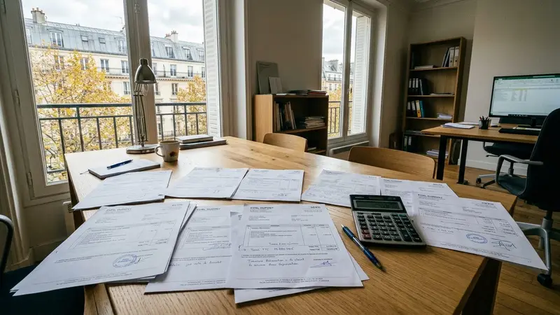 Bureau parisien contemporain avec plusieurs devis papier étalés sur une table en bois clair et calculatrice noire posée à côté en fin de matinée d'automne, ambiance sobre lumière naturelle documentaire aucun humain ni insecte visible plan large horizontal