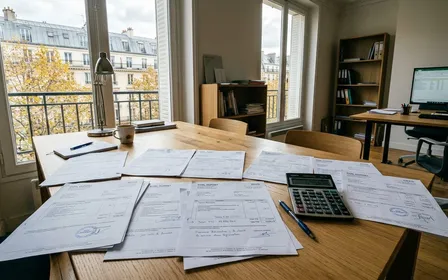 Bureau parisien contemporain avec plusieurs devis papier étalés sur une table en bois clair et calculatrice noire posée à côté en fin de matinée d'automne, ambiance sobre lumière naturelle documentaire aucun humain ni insecte visible plan large horizontal