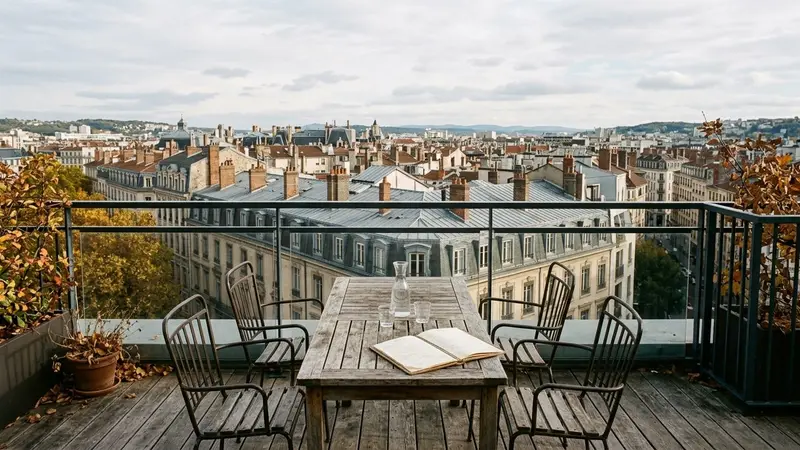 Terrasse extérieure lyonnaise contemporaine avec table en bois et chaises vides en fin d'après-midi d'automne avec vue sur les toits d'immeubles haussmanniens du 2e arrondissement, ambiance sobre lumière naturelle documentaire aucun humain ni insecte visible plan large horizontal