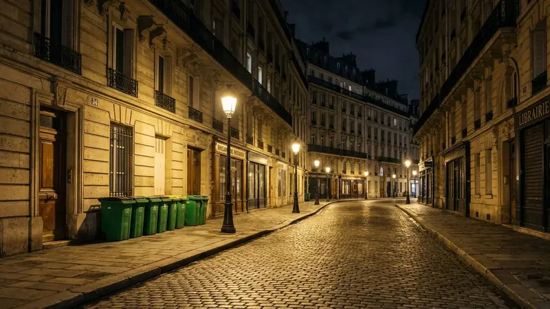 Rue parisienne haussmannienne pavée déserte en pleine nuit sous éclairage jaune de lampadaires anciens avec poubelles vertes municipales alignées sur le trottoir contre le mur d'un immeuble, ambiance sobre lumière artificielle nocturne documentaire aucun humain ni animal visible plan large horizontal