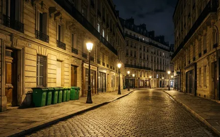 Rue parisienne haussmannienne pavée déserte en pleine nuit sous éclairage jaune de lampadaires anciens avec poubelles vertes municipales alignées sur le trottoir contre le mur d'un immeuble, ambiance sobre lumière artificielle nocturne documentaire aucun humain ni animal visible plan large horizontal
