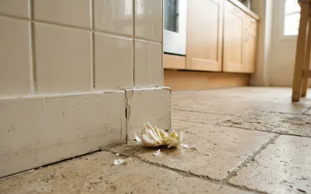 Coin de cuisine française contemporaine en carrelage clair avec petite fissure de plinthe visible et gousse d'ail blanche écrasée au couteau posée à côté sur le sol en début de matinée d'automne, ambiance sobre lumière naturelle documentaire aucun humain ni insecte visible plan macro rapproché