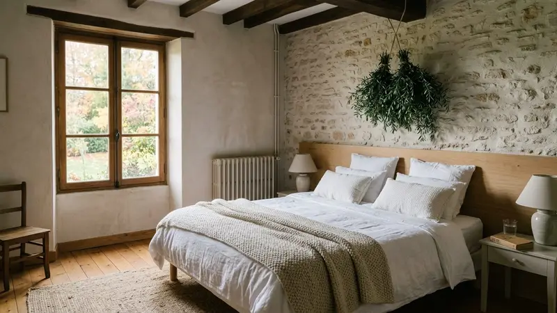 Chambre française contemporaine avec lit blanc soigneusement fait sous un bouquet de romarin frais vert olive suspendu par une ficelle de lin naturel au-dessus de la tête de lit en début de matinée d'automne, ambiance sobre lumière naturelle documentaire aucun humain ni insecte visible plan large horizontal