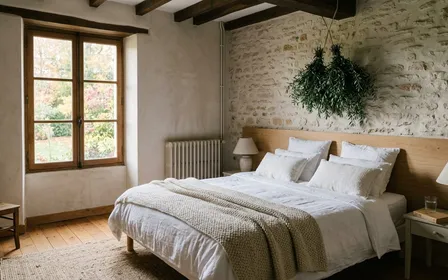 Chambre française contemporaine avec lit blanc soigneusement fait sous un bouquet de romarin frais vert olive suspendu par une ficelle de lin naturel au-dessus de la tête de lit en début de matinée d'automne, ambiance sobre lumière naturelle documentaire aucun humain ni insecte visible plan large horizontal