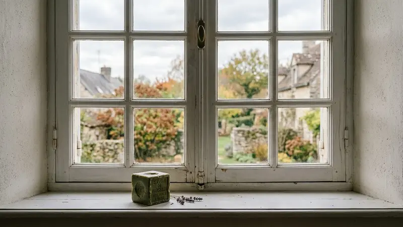 Cadre de fenêtre française contemporaine en bois clair peint en blanc avec cube de savon de Marseille traditionnel vert olive posé sur le rebord intérieur en fin de matinée d'automne, ambiance sobre lumière naturelle documentaire aucun humain ni insecte visible plan macro rapproché