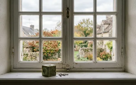 Cadre de fenêtre française contemporaine en bois clair peint en blanc avec cube de savon de Marseille traditionnel vert olive posé sur le rebord intérieur en fin de matinée d'automne, ambiance sobre lumière naturelle documentaire aucun humain ni insecte visible plan macro rapproché
