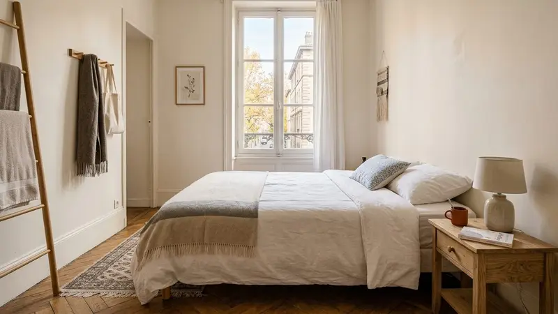 Chambre à coucher française contemporaine d'un logement Airbnb avec lit double soigneusement fait avec draps blancs frais et table de chevet en bois clair en fin de matinée d'automne, ambiance sobre lumière naturelle documentaire aucun humain ni insecte visible plan large horizontal