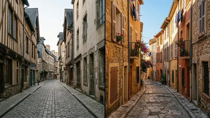 Split screen photographique horizontal montrant à gauche une rue pavée du centre historique de Rennes avec maisons à colombages en début de matinée et à droite une ruelle méditerranéenne colorée de Marseille avec façades ocre en fin d'après-midi, ambiance sobre lumière naturelle documentaire aucun humain visible plan large