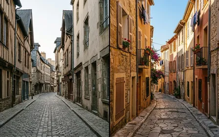 Split screen photographique horizontal montrant à gauche une rue pavée du centre historique de Rennes avec maisons à colombages en début de matinée et à droite une ruelle méditerranéenne colorée de Marseille avec façades ocre en fin d'après-midi, ambiance sobre lumière naturelle documentaire aucun humain visible plan large