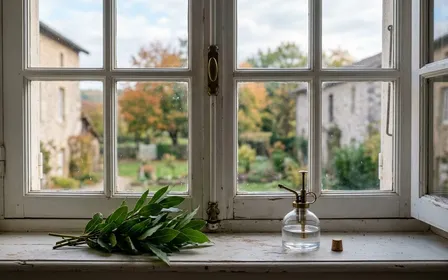 Fenêtre française contemporaine en bois clair peint en blanc avec petit vaporisateur en verre transparent posé sur le rebord intérieur à côté de feuilles de laurier vertes fraîches en début de matinée d'automne, ambiance sobre lumière naturelle documentaire aucun humain ni insecte visible plan macro rapproché