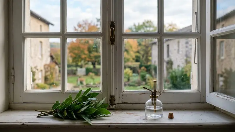 Fenêtre française contemporaine en bois clair peint en blanc avec petit vaporisateur en verre transparent posé sur le rebord intérieur à côté de feuilles de laurier vertes fraîches en début de matinée d'automne, ambiance sobre lumière naturelle documentaire aucun humain ni insecte visible plan macro rapproché