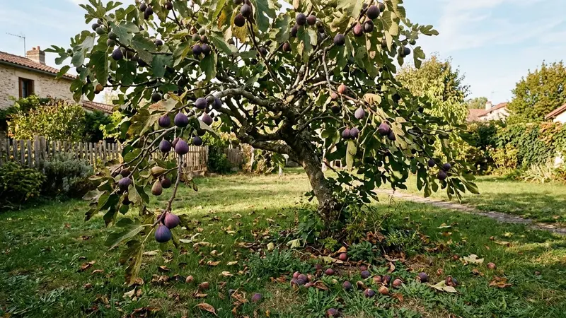 Figuier français mûr d'automne dans un jardin de banlieue avec branches basses portant des figues violettes mûres pendantes et quelques fruits tombés au pied de l'arbre sur pelouse verte en fin d'après-midi ensoleillé, ambiance sobre lumière naturelle documentaire aucun humain ni animal visible plan large horizontal