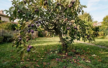 Figuier français mûr d'automne dans un jardin de banlieue avec branches basses portant des figues violettes mûres pendantes et quelques fruits tombés au pied de l'arbre sur pelouse verte en fin d'après-midi ensoleillé, ambiance sobre lumière naturelle documentaire aucun humain ni animal visible plan large horizontal