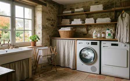 Buanderie française contemporaine avec sèche-linge blanc en fonctionnement dont le hublot laisse voir des draps blancs tourbillonnant en début de matinée d'automne, ambiance sobre lumière naturelle documentaire aucun humain ni insecte visible plan large horizontal