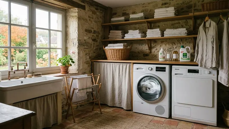 Buanderie française contemporaine avec sèche-linge blanc en fonctionnement dont le hublot laisse voir des draps blancs tourbillonnant en début de matinée d'automne, ambiance sobre lumière naturelle documentaire aucun humain ni insecte visible plan large horizontal