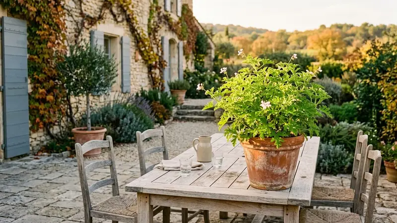 Terrasse française contemporaine avec grand pot en terre cuite orangée contenant un géranium citronnelle vert vif aux feuilles finement découpées posé au coin d'une table de jardin en bois clair en fin d'après-midi ensoleillé d'automne, ambiance sobre lumière naturelle documentaire aucun humain ni insecte visible plan large horizontal