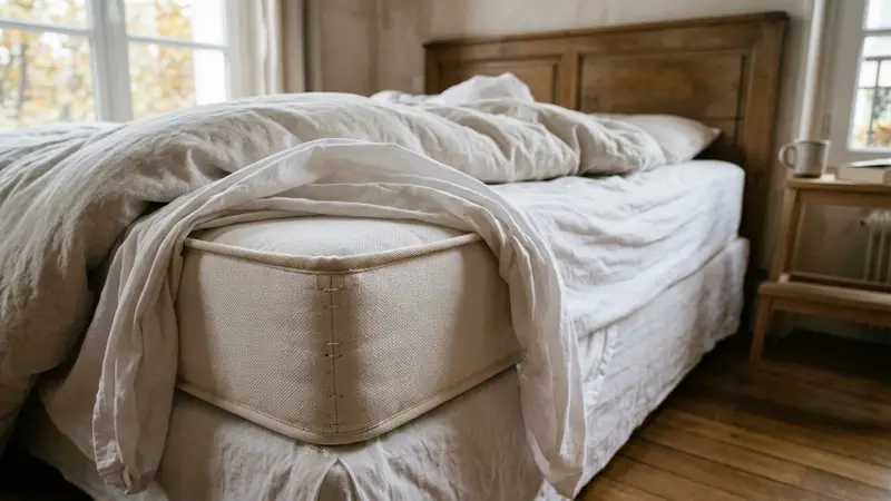 Coin de matelas français contemporain nu blanc avec draps blancs relevés révélant la couture visible du matelas en début de matinée d'automne, ambiance sobre lumière naturelle documentaire aucun humain ni insecte visible plan macro rapproché horizontal