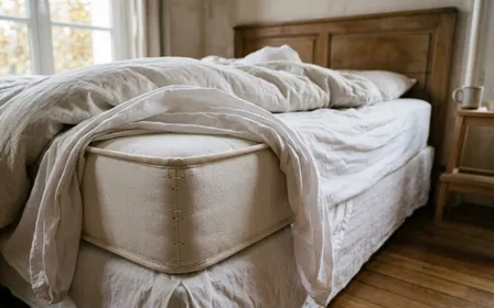 Coin de matelas français contemporain nu blanc avec draps blancs relevés révélant la couture visible du matelas en début de matinée d'automne, ambiance sobre lumière naturelle documentaire aucun humain ni insecte visible plan macro rapproché horizontal