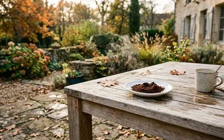 Table de jardin française contemporaine en bois clair sur terrasse d'automne avec petite soucoupe en porcelaine blanche contenant du marc de café moulu brun foncé fumant légèrement en fin d'après-midi ensoleillé, ambiance sobre lumière naturelle documentaire aucun humain ni insecte visible plan macro rapproché