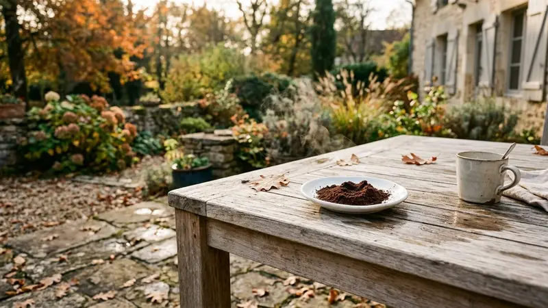 Table de jardin française contemporaine en bois clair sur terrasse d'automne avec petite soucoupe en porcelaine blanche contenant du marc de café moulu brun foncé fumant légèrement en fin d'après-midi ensoleillé, ambiance sobre lumière naturelle documentaire aucun humain ni insecte visible plan macro rapproché