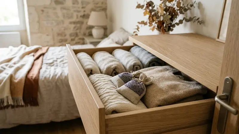 Tiroir de commode française contemporaine en bois clair ouvert avec pulls pliés en lainage clair et petits sachets de lavande séchée violet posés entre les vêtements en début de matinée d'automne, ambiance sobre lumière naturelle documentaire aucun humain ni insecte visible plan macro rapproché