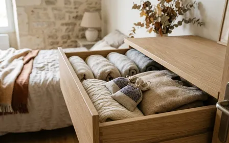 Tiroir de commode française contemporaine en bois clair ouvert avec pulls pliés en lainage clair et petits sachets de lavande séchée violet posés entre les vêtements en début de matinée d'automne, ambiance sobre lumière naturelle documentaire aucun humain ni insecte visible plan macro rapproché