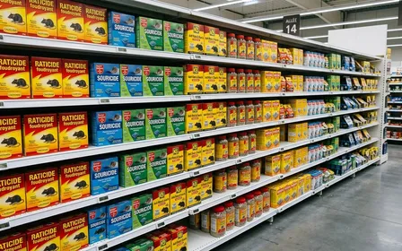 Rayon de supermarché français contemporain avec produits raticides en boîtes plastiques colorées et sachets alignés sur des étagères blanches en fin d'après-midi, ambiance sobre lumière artificielle documentaire aucun humain visible plan large horizontal