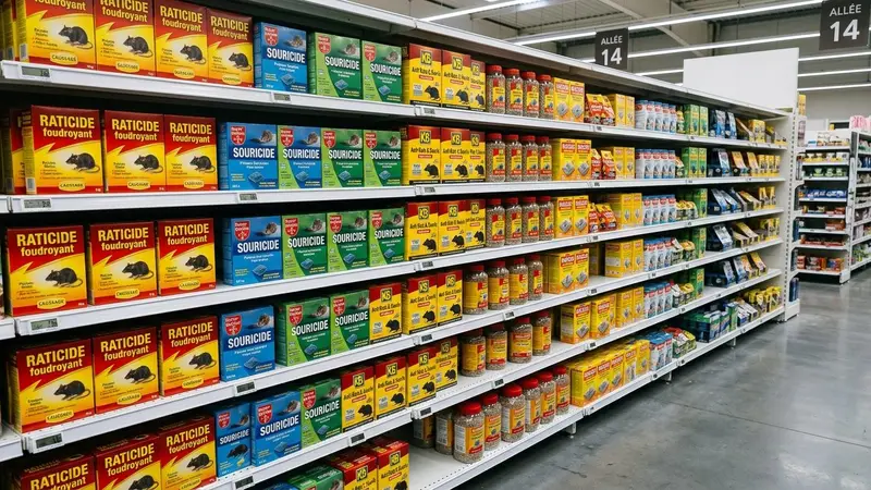 Rayon de supermarché français contemporain avec produits raticides en boîtes plastiques colorées et sachets alignés sur des étagères blanches en fin d'après-midi, ambiance sobre lumière artificielle documentaire aucun humain visible plan large horizontal