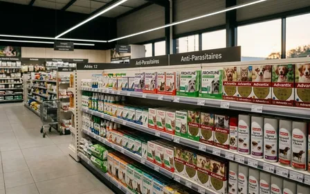 Rayon animalerie française contemporaine avec produits antipuces en pipettes et sprays alignés sur des étagères blanches sous éclairage LED en fin d'après-midi, ambiance sobre lumière artificielle documentaire aucun humain ni animal visible plan large horizontal