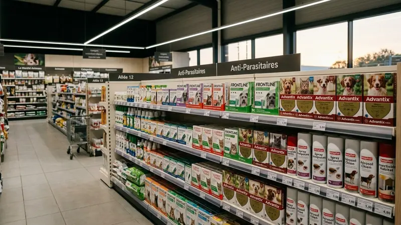 Rayon animalerie française contemporaine avec produits antipuces en pipettes et sprays alignés sur des étagères blanches sous éclairage LED en fin d'après-midi, ambiance sobre lumière artificielle documentaire aucun humain ni animal visible plan large horizontal