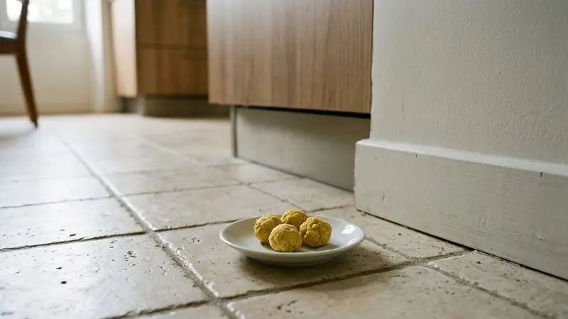 Coin de cuisine française contemporaine en carrelage clair avec petite soucoupe en porcelaine blanche contenant quatre boulettes jaunes de bicarbonate mélangé au jaune d'œuf posée au sol près d'une plinthe en fin de matinée d'automne, ambiance sobre lumière naturelle documentaire aucun humain ni insecte visible plan macro rapproché
