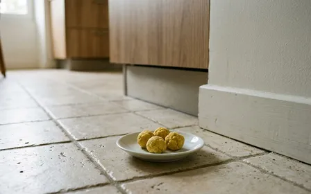 Coin de cuisine française contemporaine en carrelage clair avec petite soucoupe en porcelaine blanche contenant quatre boulettes jaunes de bicarbonate mélangé au jaune d'œuf posée au sol près d'une plinthe en fin de matinée d'automne, ambiance sobre lumière naturelle documentaire aucun humain ni insecte visible plan macro rapproché