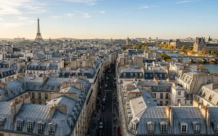 Vue panoramique aérienne des toits parisiens haussmanniens en zinc gris avec cheminées et lucarnes visibles en fin d'après-midi d'automne sous ciel dégagé, ambiance sobre lumière naturelle documentaire aucun humain ni insecte visible plan large horizontal