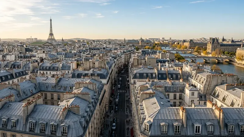 Vue panoramique aérienne des toits parisiens haussmanniens en zinc gris avec cheminées et lucarnes visibles en fin d'après-midi d'automne sous ciel dégagé, ambiance sobre lumière naturelle documentaire aucun humain ni insecte visible plan large horizontal