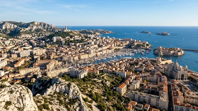 Vue panoramique aérienne de Marseille avec collines calcaires blanches et façades ocre méditerranéennes en fin d'après-midi ensoleillé d'automne avec ciel bleu clair et mer Méditerranée en arrière-plan, ambiance sobre lumière naturelle documentaire aucun humain visible plan large horizontal