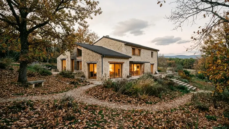 Maison individuelle française contemporaine en pierre claire vue depuis le jardin en fin d'après-midi d'automne avec feuilles mortes brunes au sol et lumière chaude sortant des fenêtres du rez-de-chaussée, ambiance sobre lumière naturelle documentaire aucun humain ni animal visible plan large horizontal