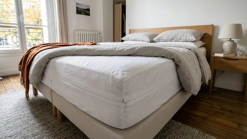 Chambre française contemporaine avec matelas double blanc protégé par une housse anti-punaises hermétique blanche zippée visible en gros plan avec fermeture éclair fermée en début de matinée d'automne, ambiance sobre lumière naturelle documentaire aucun humain ni insecte visible plan macro rapproché