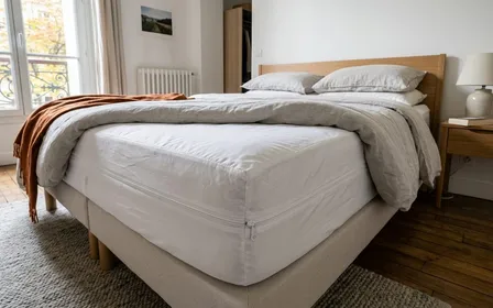 Chambre française contemporaine avec matelas double blanc protégé par une housse anti-punaises hermétique blanche zippée visible en gros plan avec fermeture éclair fermée en début de matinée d'automne, ambiance sobre lumière naturelle documentaire aucun humain ni insecte visible plan macro rapproché