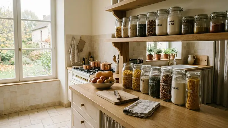 Cuisine française contemporaine en carrelage clair avec plan de travail en bois clair rangé et boîtes hermétiques en verre transparent alignées sur une étagère en début de matinée d'automne, ambiance sobre lumière naturelle documentaire aucun humain ni insecte visible plan large horizontal