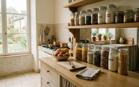 Cuisine française contemporaine en carrelage clair avec plan de travail en bois clair rangé et boîtes hermétiques en verre transparent alignées sur une étagère en début de matinée d'automne, ambiance sobre lumière naturelle documentaire aucun humain ni insecte visible plan large horizontal
