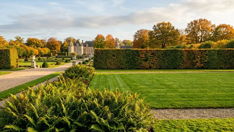 Jardin français d'automne en fin d'après-midi ensoleillé avec massif de fougères vertes et pelouse tondue soigneusement au premier plan et haie de charmes en arrière-plan, ambiance sobre lumière naturelle documentaire aucun humain ni animal visible plan large horizontal